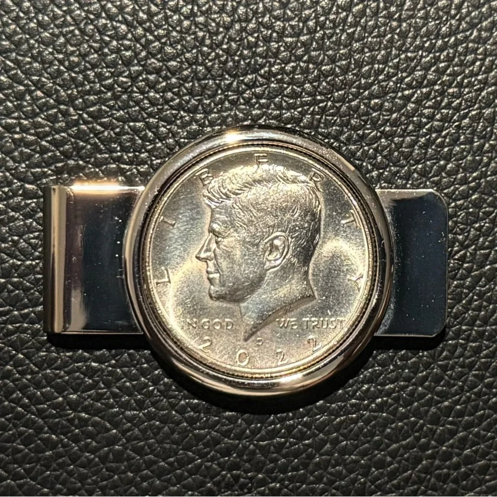 Men's Silver Tone Money Clip with Coin Accent